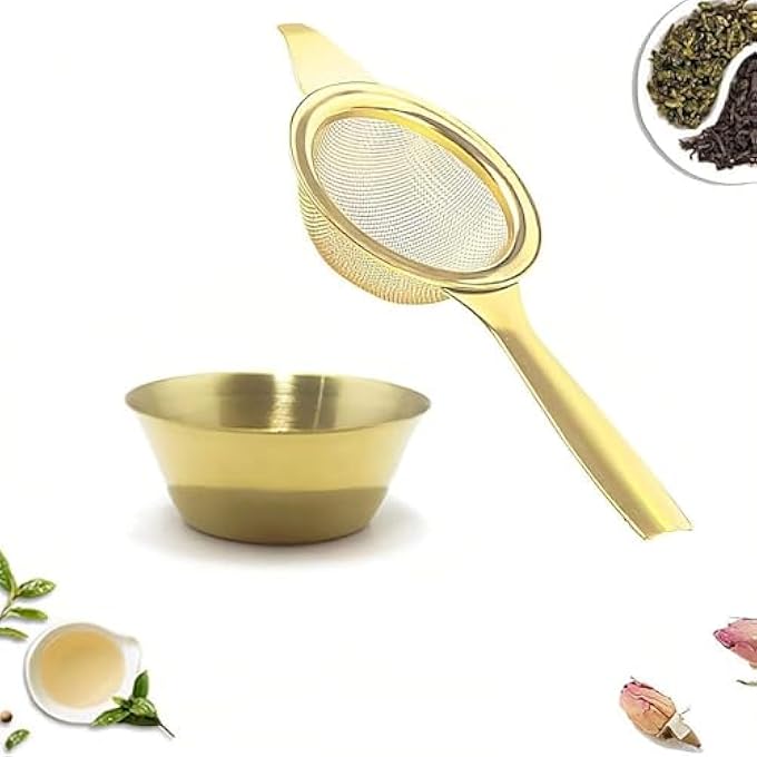 Bukela Tea Strainer For Loose Tea Stainless Steel Tea Filter With Drip Bowl Stainless Steel Extra Fine Mesh Tea Strainer For Loose Leaf Leaf Filter Kitchen Tool With Long Handle And Stand Gold - Image 2