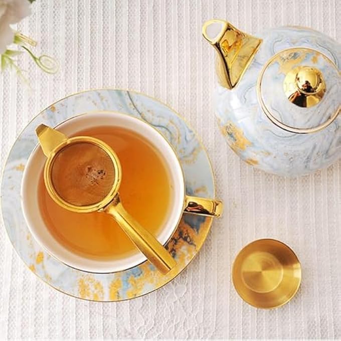 Bukela Tea Strainer For Loose Tea Stainless Steel Tea Filter With Drip Bowl Stainless Steel Extra Fine Mesh Tea Strainer For Loose Leaf Leaf Filter Kitchen Tool With Long Handle And Stand Gold - Image 5