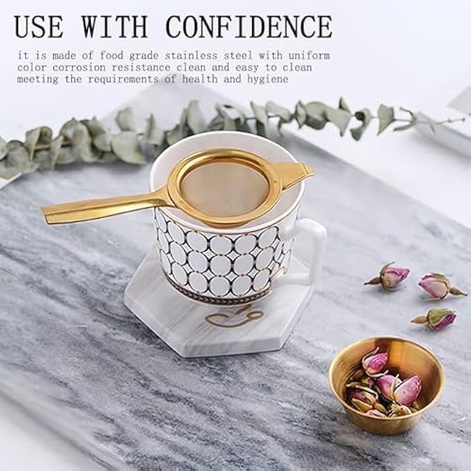 Bukela Tea Strainer For Loose Tea Stainless Steel Tea Filter With Drip Bowl Stainless Steel Extra Fine Mesh Tea Strainer For Loose Leaf Leaf Filter Kitchen Tool With Long Handle And Stand Gold - Image 3