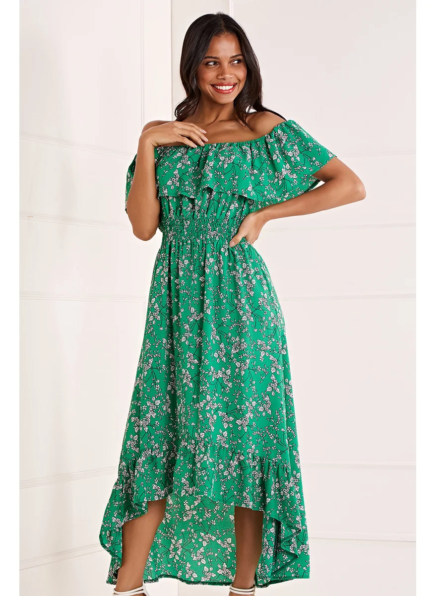 MELA LONDON Ditsy Print Bardot Dipped Hem Dress