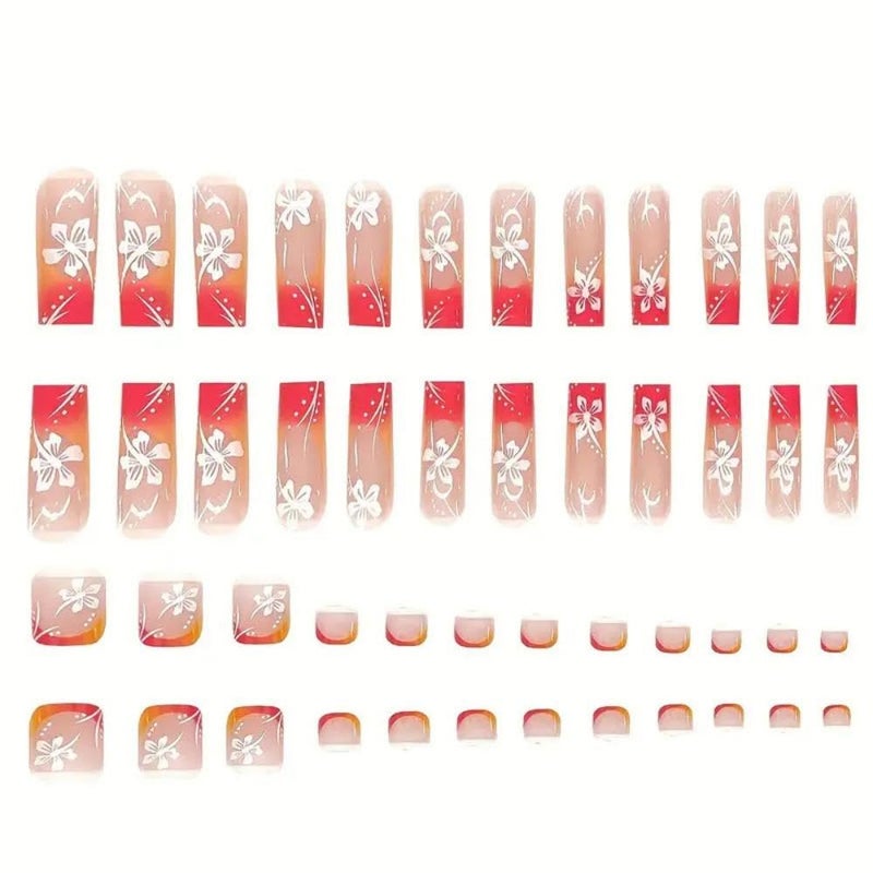 Maigitur 48Pcs Ombre Pink Orange French Tips Press on Nails Short Square Press on Toenails Long Square Stick on Nails with Flower Design Glossy Full Cover Fake Nails Summer False Toenails for Women Manicure - Image 2