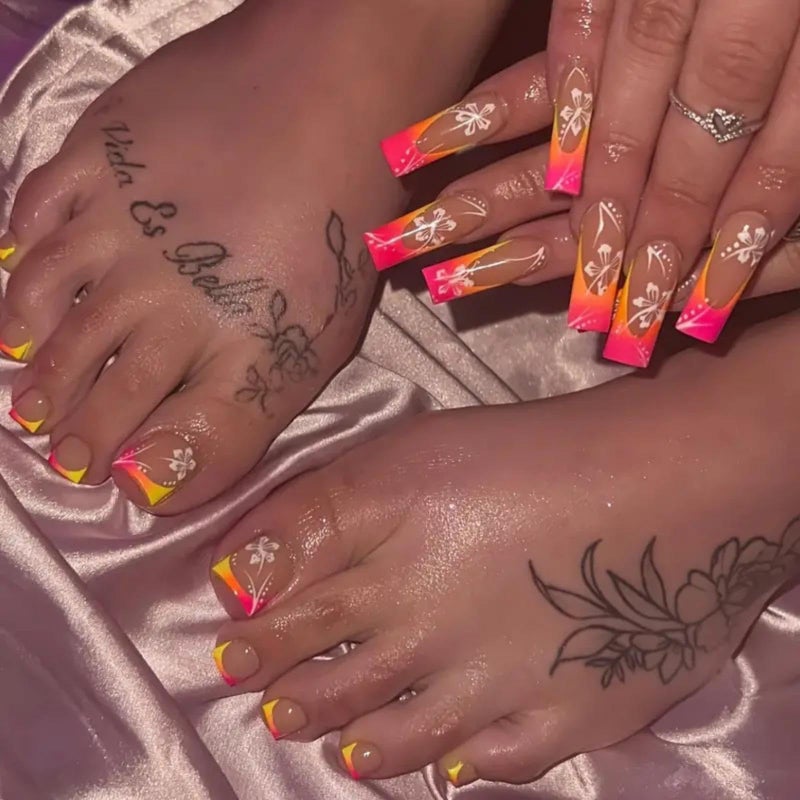 Maigitur 48Pcs Ombre Pink Orange French Tips Press on Nails Short Square Press on Toenails Long Square Stick on Nails with Flower Design Glossy Full Cover Fake Nails Summer False Toenails for Women Manicure - Image 1