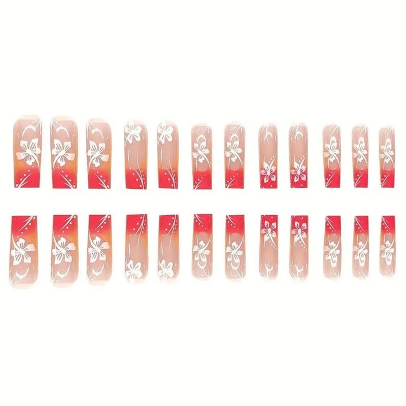 Maigitur 48Pcs Ombre Pink Orange French Tips Press on Nails Short Square Press on Toenails Long Square Stick on Nails with Flower Design Glossy Full Cover Fake Nails Summer False Toenails for Women Manicure - Image 3