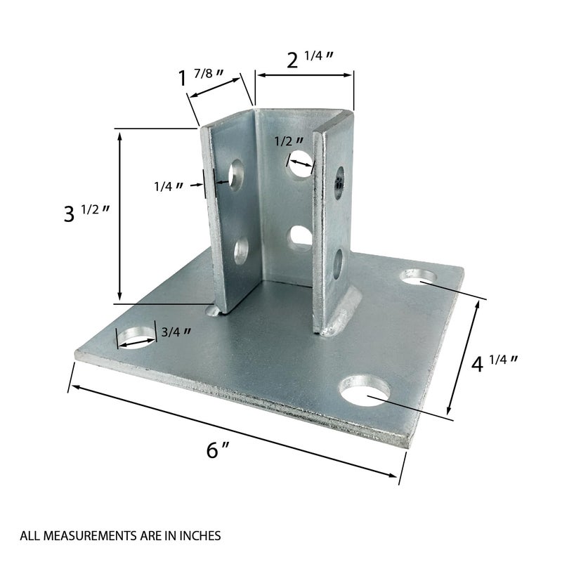 AA 2 Pack - 4 Hole Post Base Channel, 6"" Square For All 1-5/8"" Strut Channel, Side Orientation - Heavy Duty, Electro-Galvanized (2) - Image 4