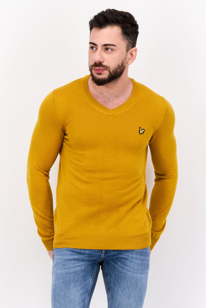 Lyle & Scott Men V Neck Embroidered Logo Long Sleeve Sweater, Yellow - Image 1