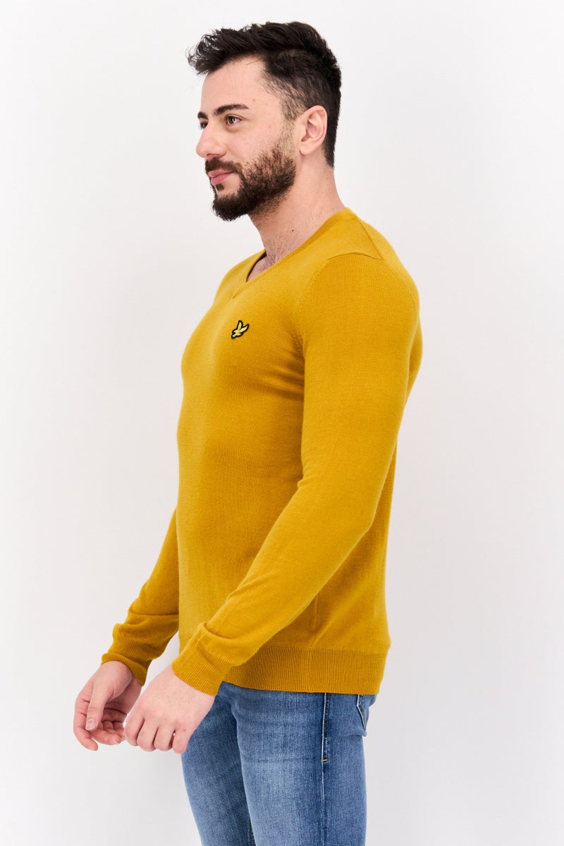 Lyle & Scott Men V Neck Embroidered Logo Long Sleeve Sweater, Yellow - Image 2