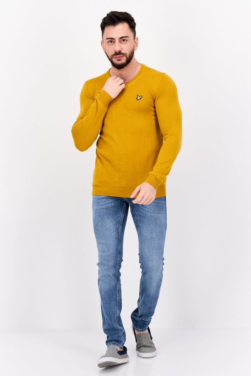 Lyle & Scott Men V Neck Embroidered Logo Long Sleeve Sweater, Yellow - Image 3