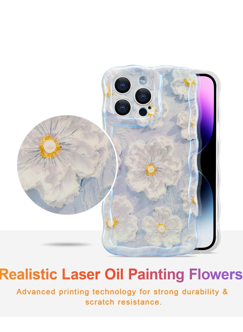 Case for iPhone 14 Pro, Colorful Retro Oil Painting Flower Laser Glossy Pattern Cute Curly Waves Border Exquisite Floral Phone Cover Stylish Durable TPU Protective Case for Girls Women-Blue - Image 2