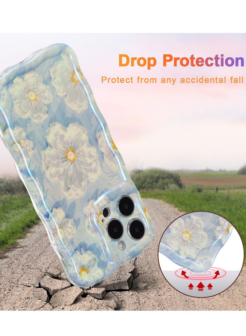 Case for iPhone 14 Pro, Colorful Retro Oil Painting Flower Laser Glossy Pattern Cute Curly Waves Border Exquisite Floral Phone Cover Stylish Durable TPU Protective Case for Girls Women-Blue - Image 3