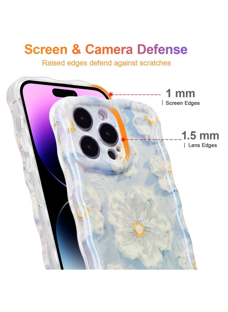 Case for iPhone 14 Pro, Colorful Retro Oil Painting Flower Laser Glossy Pattern Cute Curly Waves Border Exquisite Floral Phone Cover Stylish Durable TPU Protective Case for Girls Women-Blue - Image 4