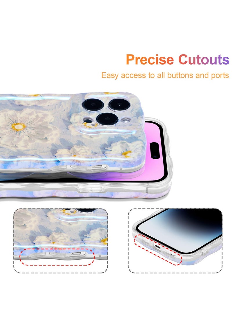 Case for iPhone 14 Pro, Colorful Retro Oil Painting Flower Laser Glossy Pattern Cute Curly Waves Border Exquisite Floral Phone Cover Stylish Durable TPU Protective Case for Girls Women-Blue - Image 5