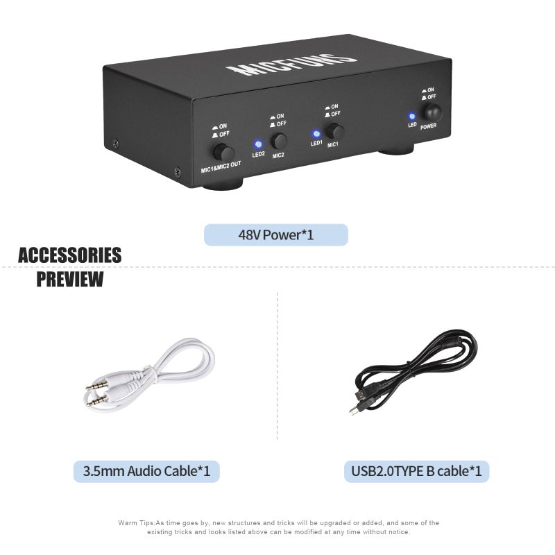 Micfuns MC2 2 Channel 48V Phantom Power Supply with 3.5mm Audio Cable to Connect Audio Interface for Condenser Microphone Music Recording Equipment (2 Channel) - Image 3