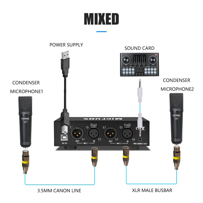 Micfuns MC2 2 Channel 48V Phantom Power Supply with 3.5mm Audio Cable to Connect Audio Interface for Condenser Microphone Music Recording Equipment (2 Channel) - Image 4