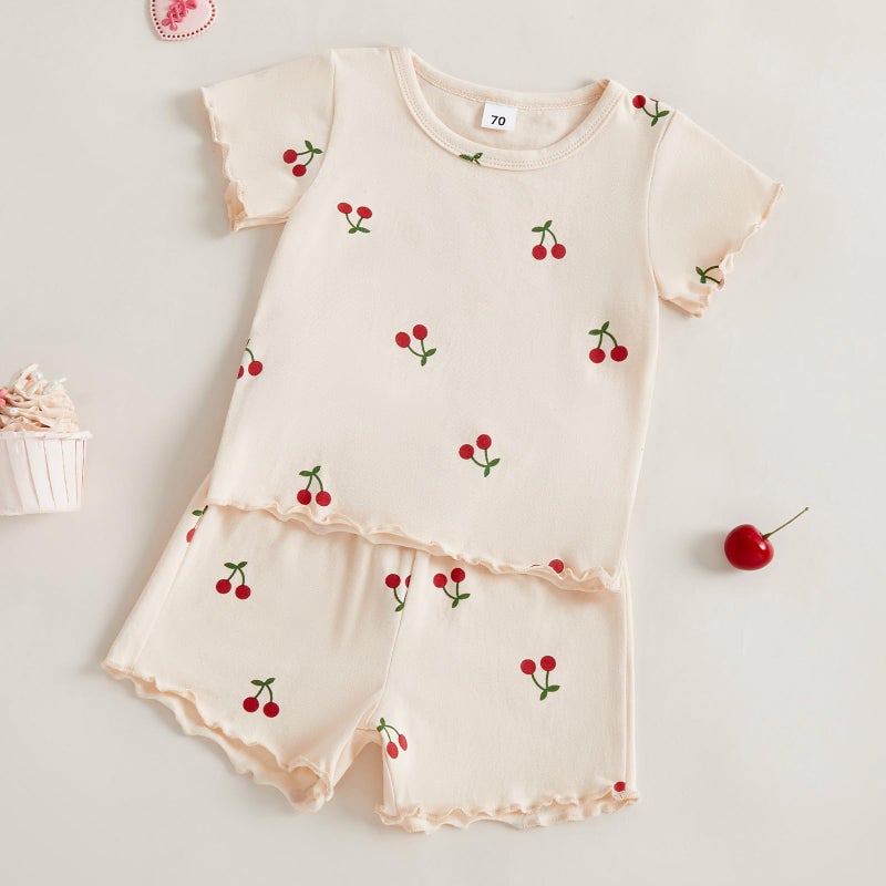 Thorn Tree Summer Baby Girl Clothes Short Sleeve Tops Elastic Shorts Cute Toddler Girls Outfits Infant Outfit (Apricot, 3-6 Months) - Image 3