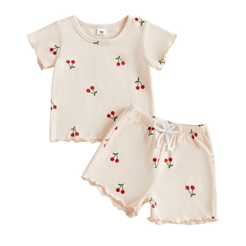 Thorn Tree Summer Baby Girl Clothes Short Sleeve Tops Elastic Shorts Cute Toddler Girls Outfits Infant Outfit (Apricot, 3-6 Months) - Image 1