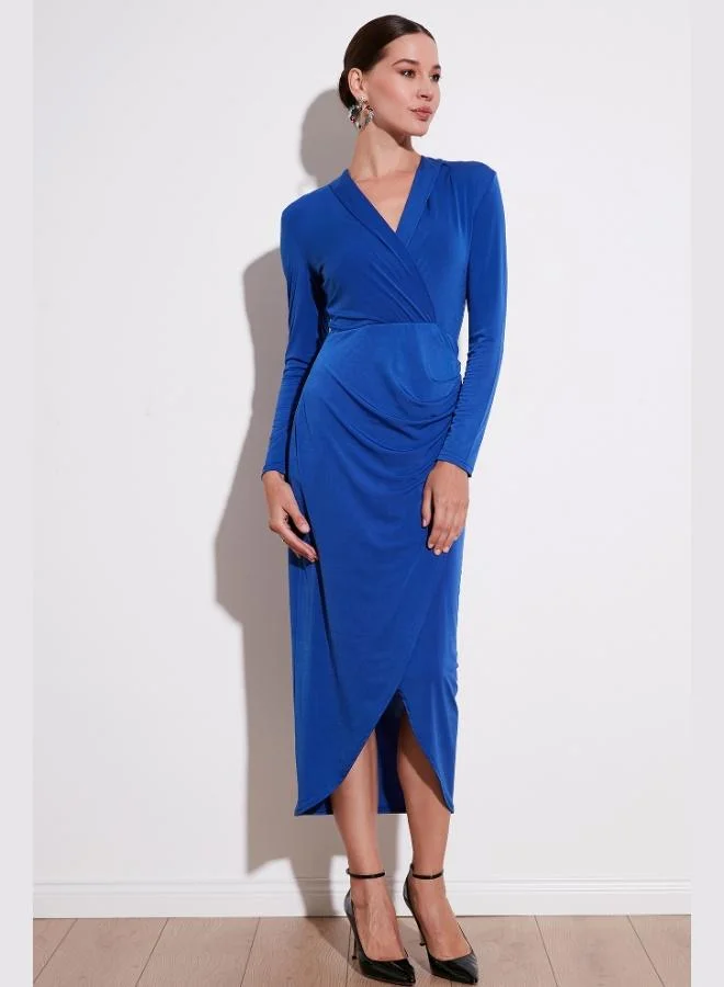 Lela Lela Wrap Neckline Slit Drape Detail Midi Evening Dress Women's Dress 611EL1769