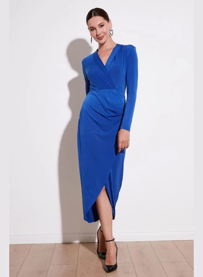 Lela Lela Wrap Neckline Slit Drape Detail Midi Evening Dress Women's Dress 611EL1769