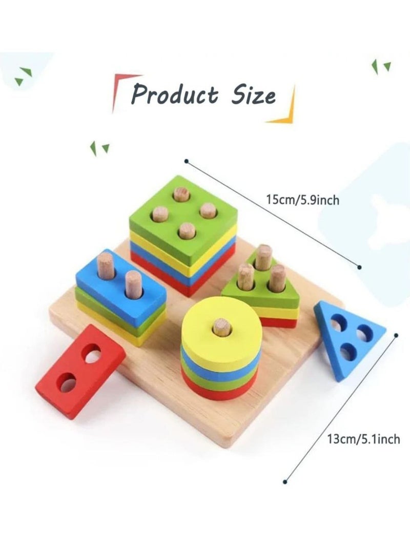 Children puzzle wooden four sets of column toys early education wisdom set of column intelligence geometric shape cognition matching blocks - Image 1