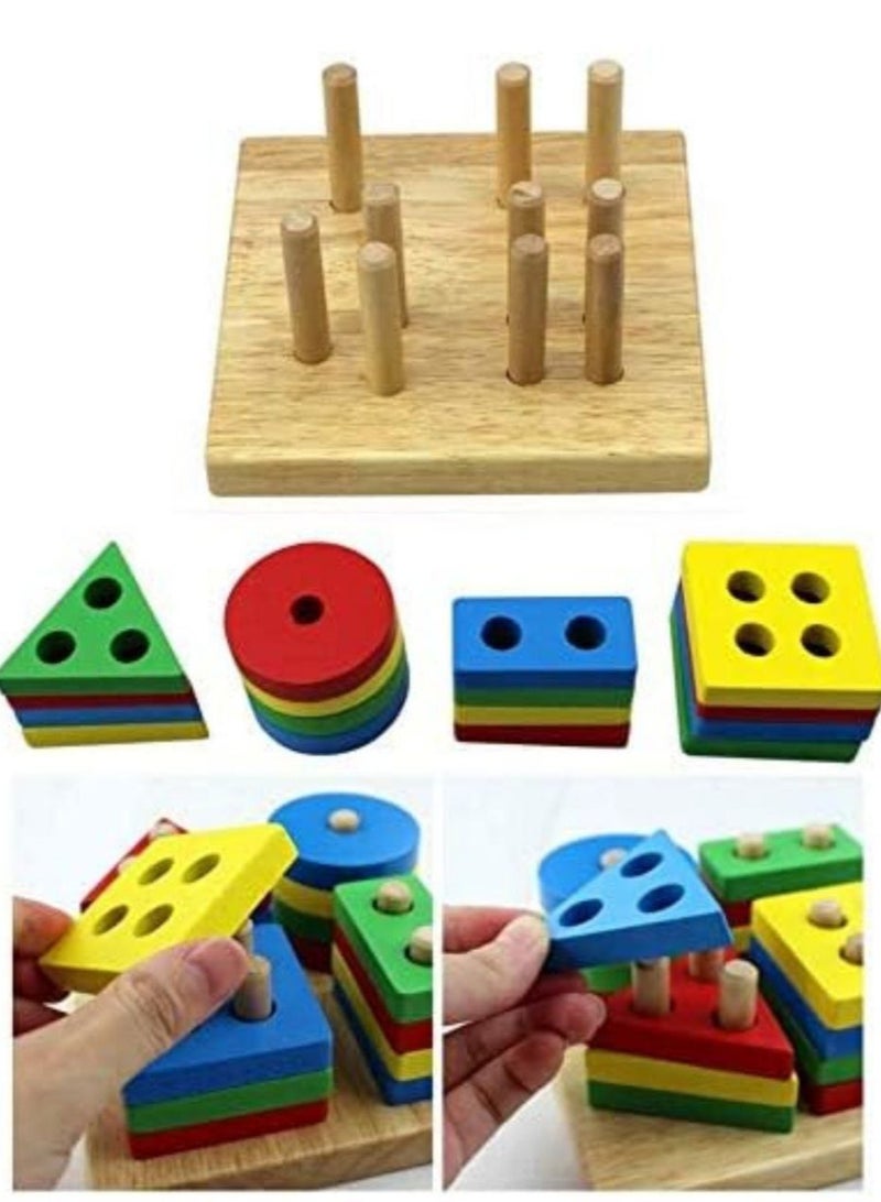 Children puzzle wooden four sets of column toys early education wisdom set of column intelligence geometric shape cognition matching blocks - Image 2