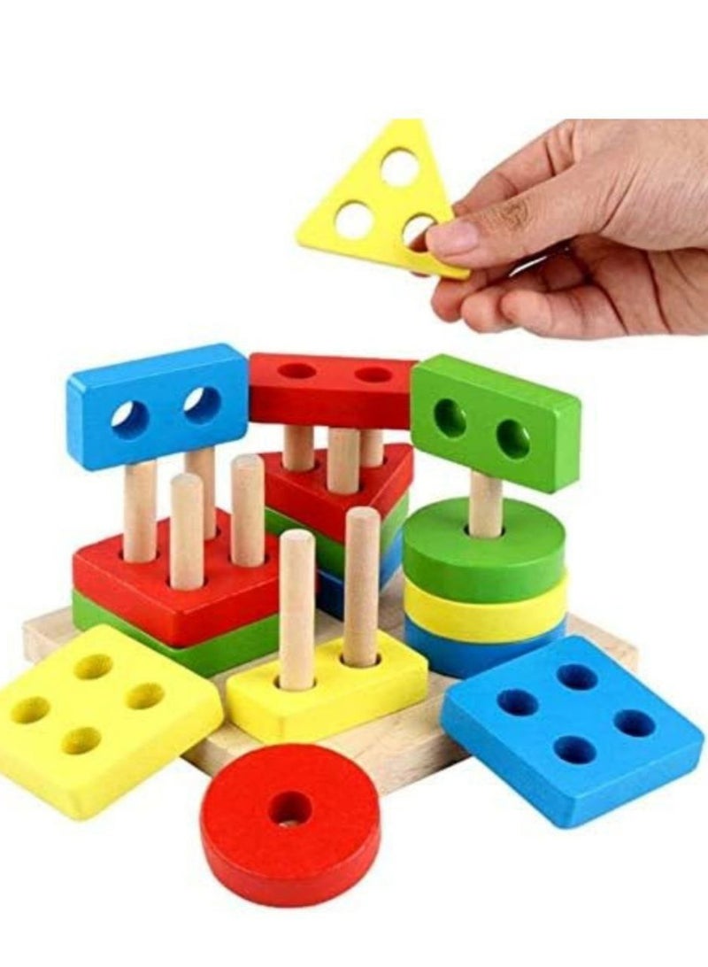 Children puzzle wooden four sets of column toys early education wisdom set of column intelligence geometric shape cognition matching blocks - Image 3