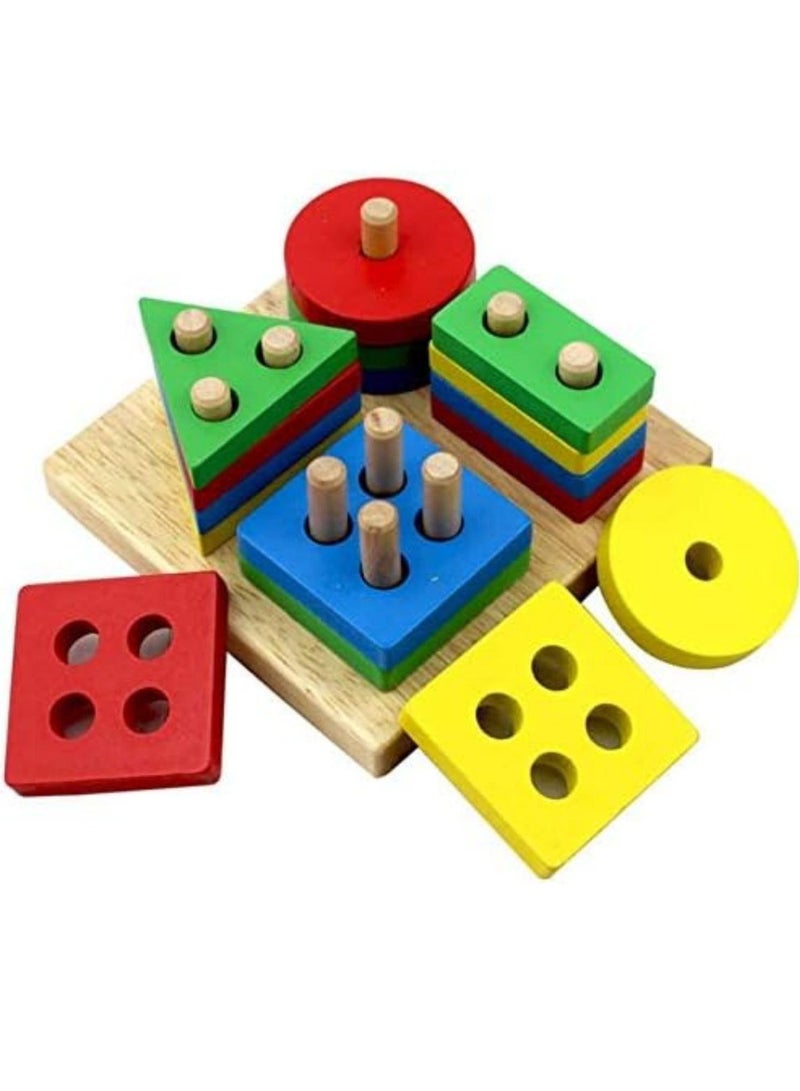 Children puzzle wooden four sets of column toys early education wisdom set of column intelligence geometric shape cognition matching blocks - Image 4