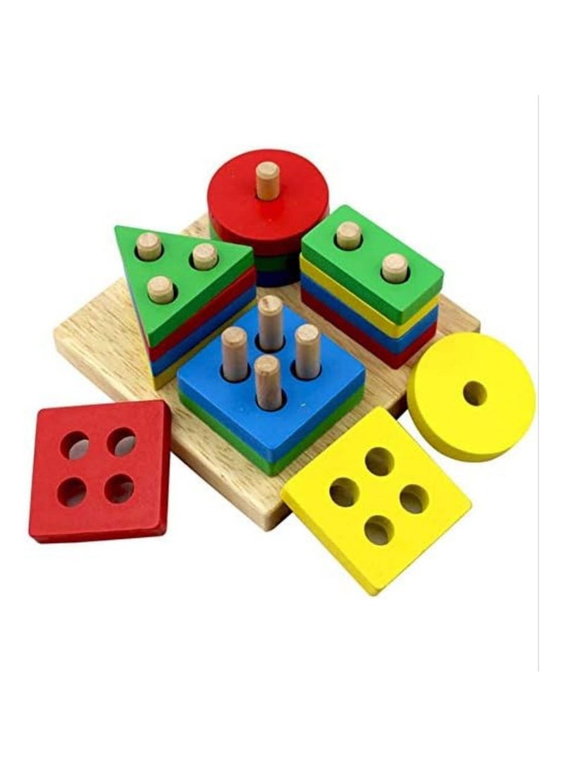 Children puzzle wooden four sets of column toys early education wisdom set of column intelligence geometric shape cognition matching blocks - Image 5