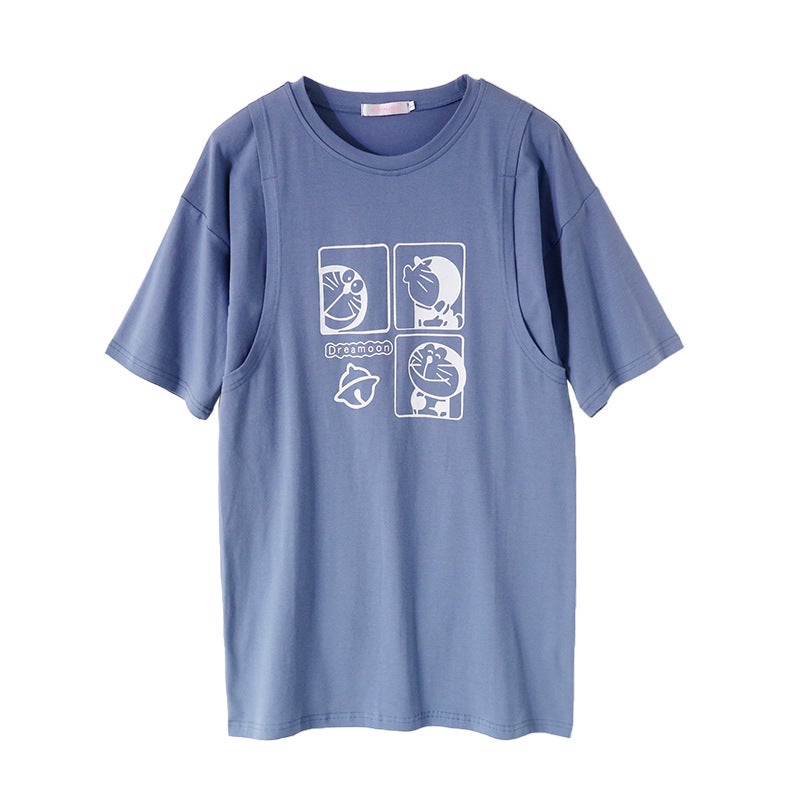 Maternity Clothing Nursing Clothes Summer Outer Wear Short-sleeved T-shirt Fashion Nursing Clothes Going Out Summer Casual Top Trendy Women 5092B Fog Blue