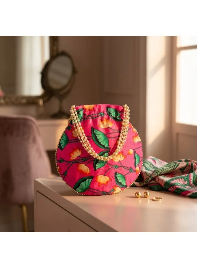 Mobcos Mobcos Pink Flower Floral Print Potli Bag Mobcos Pink Flower Handcrafted Indian Floral Print Potli Bag for Women | Print Silk Blend Ethnic Drawstring Handbag with Pearl Handle | Traditional Wedding, Bridal, Festive & Party Purse for Women | Best Price UAE