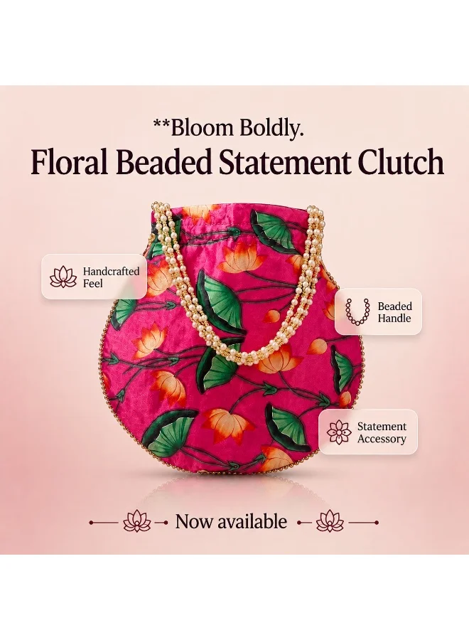 Mobcos Mobcos Pink Flower Floral Print Potli Bag Mobcos Pink Flower Handcrafted Indian Floral Print Potli Bag for Women | Print Silk Blend Ethnic Drawstring Handbag with Pearl Handle | Traditional Wedding, Bridal, Festive & Party Purse for Women | Best Price UAE