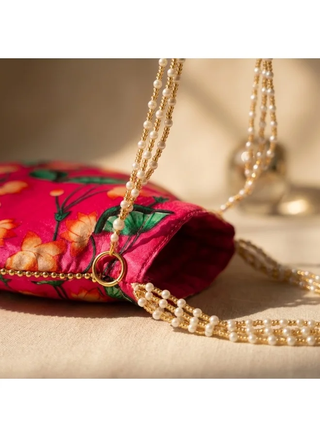 Mobcos Mobcos Pink Flower Floral Print Potli Bag Mobcos Pink Flower Handcrafted Indian Floral Print Potli Bag for Women | Print Silk Blend Ethnic Drawstring Handbag with Pearl Handle | Traditional Wedding, Bridal, Festive & Party Purse for Women | Best Price UAE