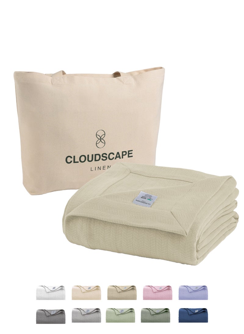 Cloud Scape Linen 100% Cotton Herringbone Blanket for All Season, Soft and Breathable Thermal Blanket,Fog  - Image 1