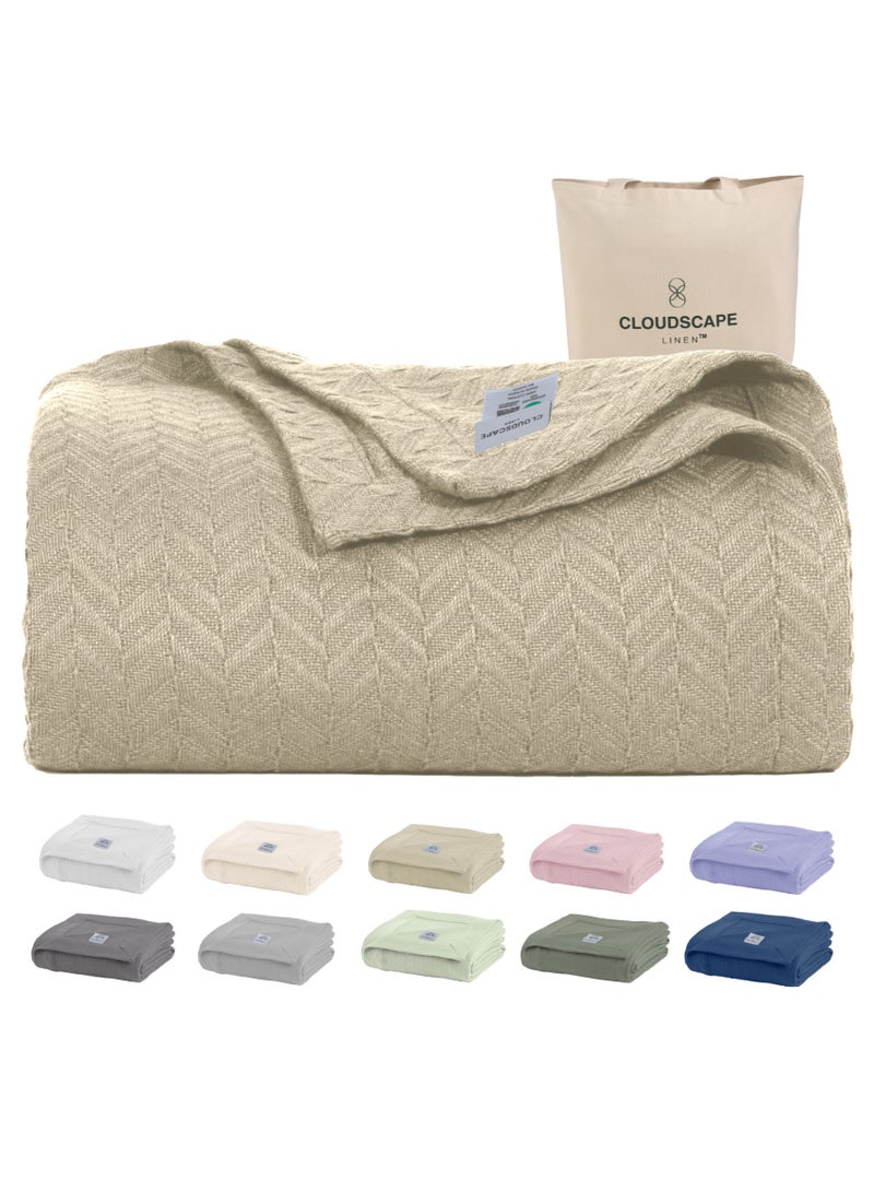 كلاود سكيب لينين 100% Cotton Herringbone Blanket for All Season, Soft and Breathable Thermal Blanket,Fog - Image 2