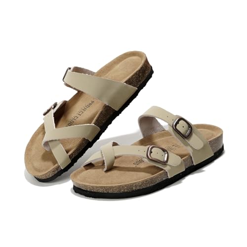 Project Cloud Genuine Leather Womens Sandals - Comfortable Cork Footbed Slides with Memory Foam Beach Essential Summer Sandals For Women 2025 (Lian, Beige, 9) - Image 1