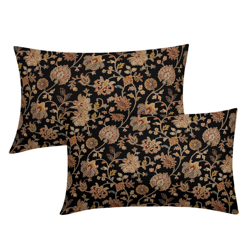 aportt Black Brown Floral Lumbar Pillow Covers 12X20 Inch Set of 2 Vintage Boho Carpet Flowers Decorative Pillow Cases Leaves Plant Cotton Linen Cushion Case Farmhouse Home Decor For Sofa Couch Living Room - Image 1