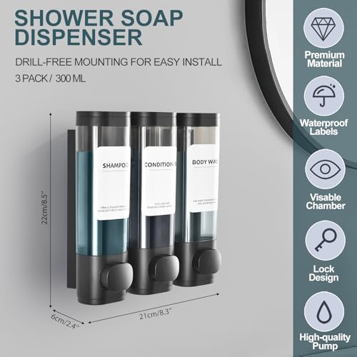 ViserVita 3 Pack Shampoo and Conditioner Dispenser, Shower Soap Dispenser 3 Chamber No Drill Wall-Mounted, Body Wash and Shower Dispenser Set for Shower Wall, Elegant Large Capacity for Bathroom Hotel, Black - Image 2