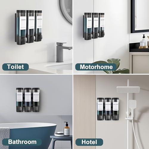 ViserVita 3 Pack Shampoo and Conditioner Dispenser, Shower Soap Dispenser 3 Chamber No Drill Wall-Mounted, Body Wash and Shower Dispenser Set for Shower Wall, Elegant Large Capacity for Bathroom Hotel, Black - Image 4