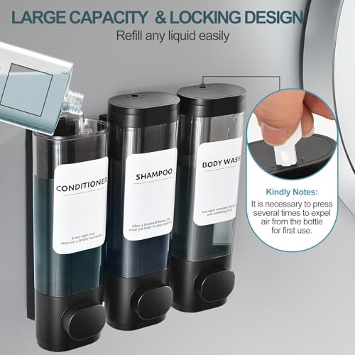ViserVita 3 Pack Shampoo and Conditioner Dispenser, Shower Soap Dispenser 3 Chamber No Drill Wall-Mounted, Body Wash and Shower Dispenser Set for Shower Wall, Elegant Large Capacity for Bathroom Hotel, Black - Image 5