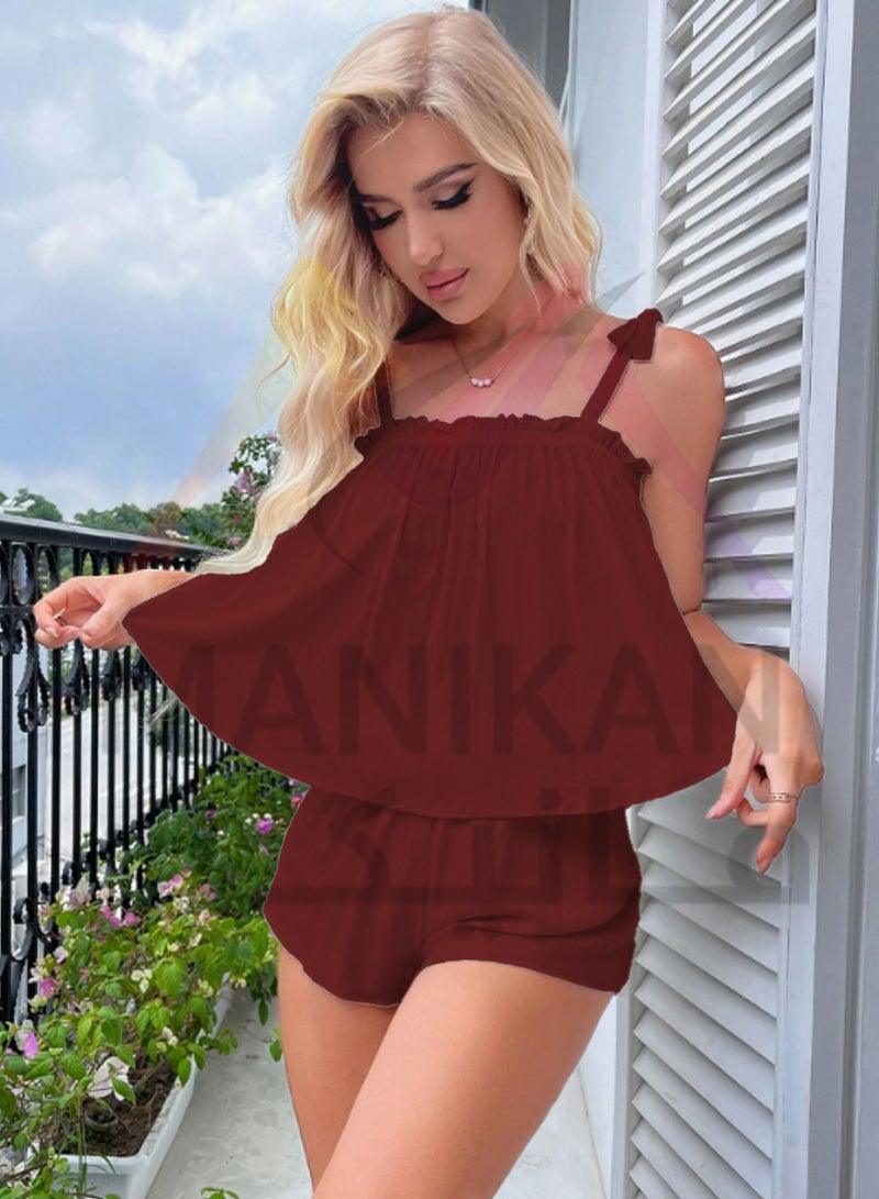 MANIKAN soft pajama set for women with thin straps, ruffles at the chest, and hot shorts  - Image 1