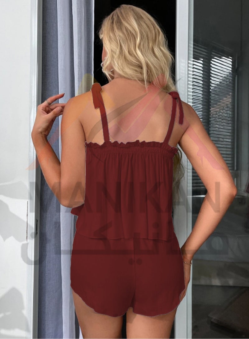 MANIKAN soft pajama set for women with thin straps, ruffles at the chest, and hot shorts  - Image 2