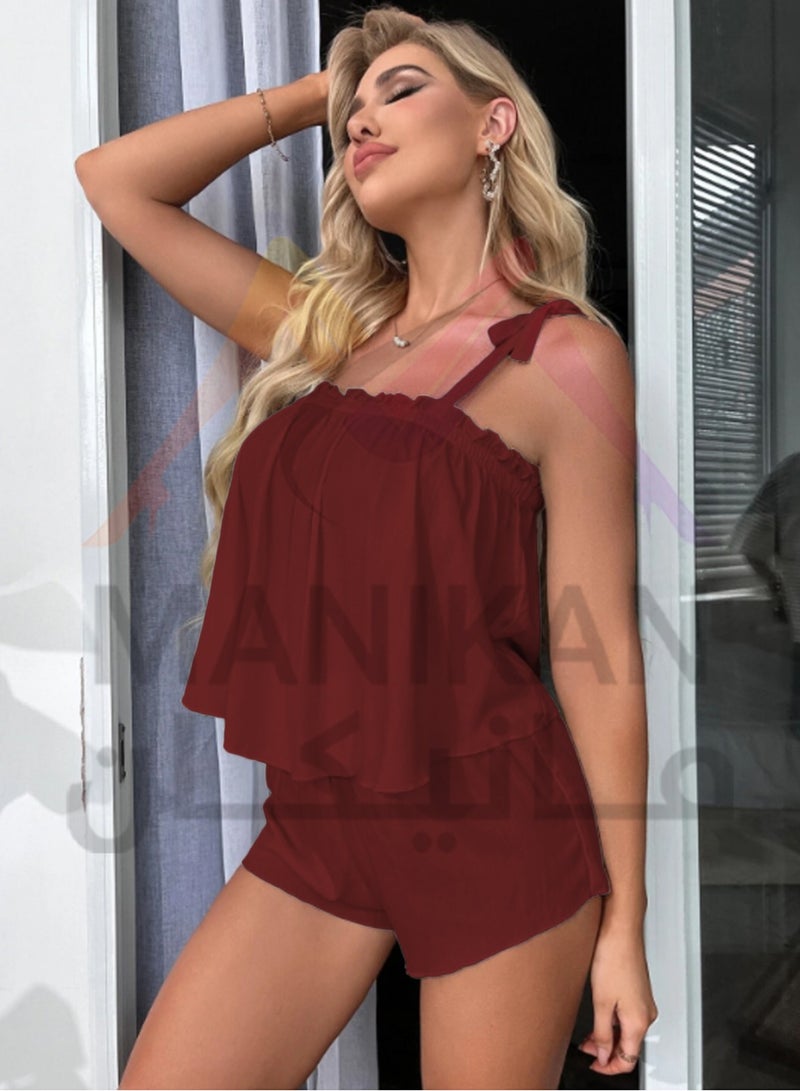 MANIKAN soft pajama set for women with thin straps, ruffles at the chest, and hot shorts  - Image 3