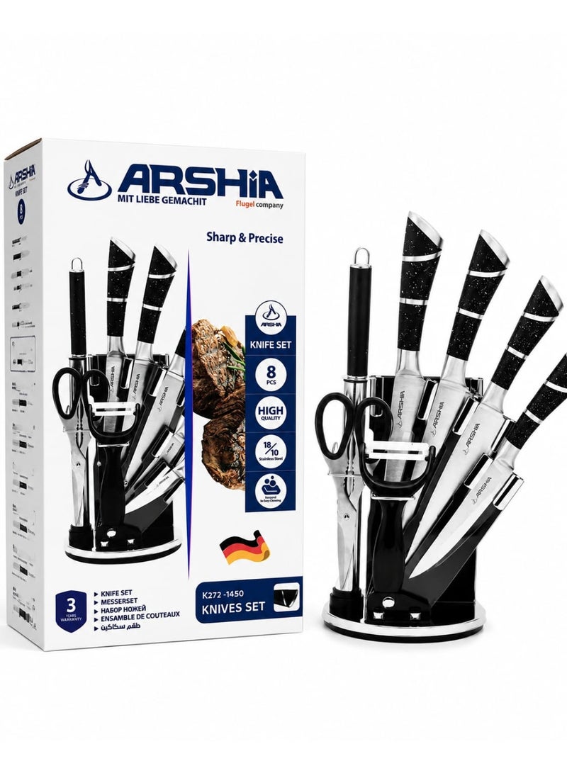 آرشيا طقم سكاكين مطبخ ستانلس ستيل عالي الجودة 8 قطع من ارشيا (ARSHiA) | موديل K272-1450 بمقابض مريحة  يشمل مقص ومقشرة وحامل دوار مودرن-متعدد الالوان - Image 1