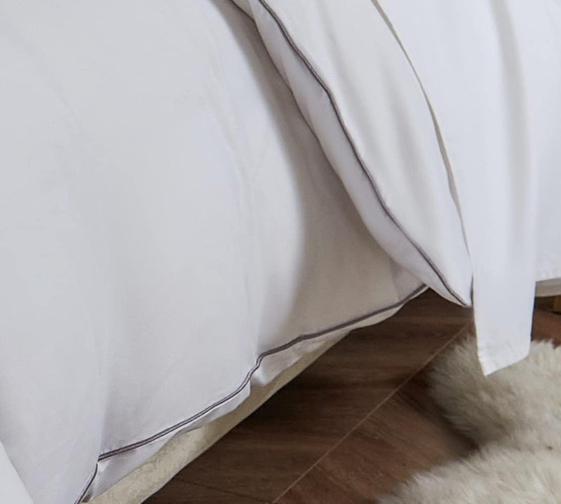 DAUAOTO King Bedding Set Microfiber - 1 Duvet Cover + 2 Pillow Shams, White with Decorative Grey Piping - Image 5