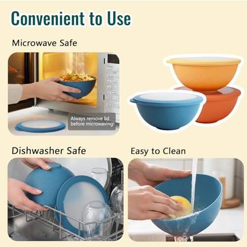 BUSOKIP Wheat Straw Bowls 40 OZ, Unbreakable Salad Container for Lunch, Plastic Bowls with Lids, Microwavable Meal Prep Bowls for Cereal, Ramen, Soup, Leftovers - 4 Large Bowls and 4 Lids, Multi - Image 4