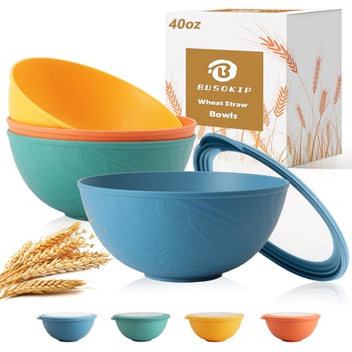BUSOKIP Wheat Straw Bowls 40 OZ, Unbreakable Salad Container for Lunch, Plastic Bowls with Lids, Microwavable Meal Prep Bowls for Cereal, Ramen, Soup, Leftovers - 4 Large Bowls and 4 Lids, Multi - Image 1