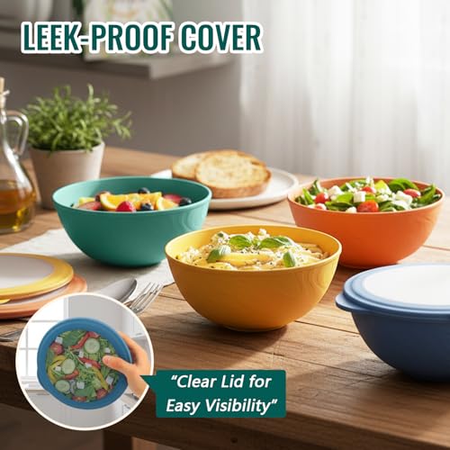 BUSOKIP Wheat Straw Bowls 40 OZ, Unbreakable Salad Container for Lunch, Plastic Bowls with Lids, Microwavable Meal Prep Bowls for Cereal, Ramen, Soup, Leftovers - 4 Large Bowls and 4 Lids, Multi - Image 5