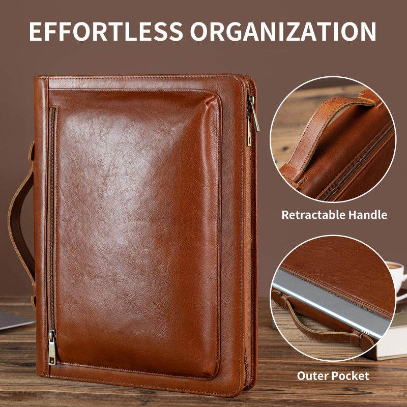 YIWEN Handmade Leather Portfolio with Handle â€“ Zippered Front Pocket, Writing Pad Clip, Letter Size Notepad Holder, Professional Business Padfolio for Men Women (Brown, Pull-up Leather) - Image 3