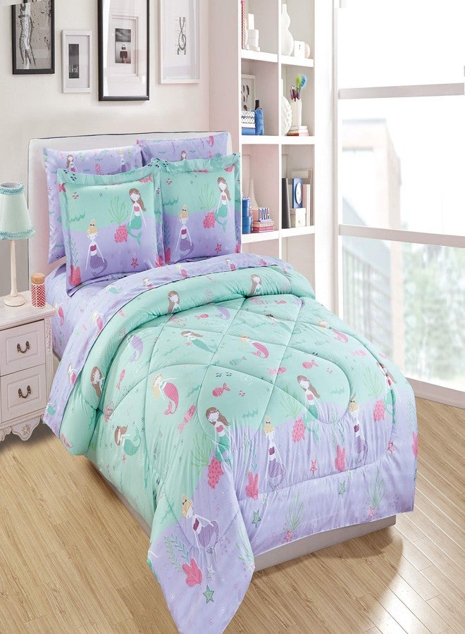 Linen Plus Twin Size Comforter Set Girls/Teens Mermaids Starfishes Jellyfishes Lavender Pink Aqua Princess of The Sea New - Image 1