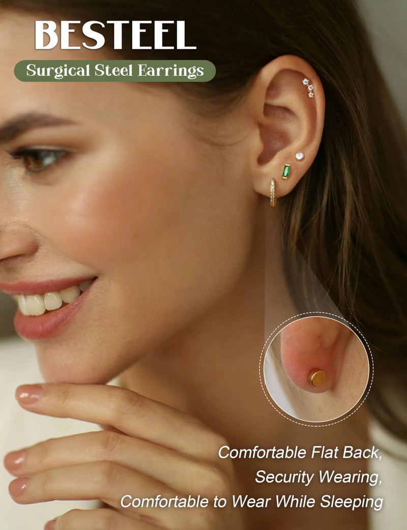 BESTEEL Hypoallergenic Flat Back Earrings - Cartilage Earring Sets for Multiple Piercing, 20G Surgical Stainless Steel Earrings for Women, Small Hoop Flatback Stud Earring Stacks - Image 2