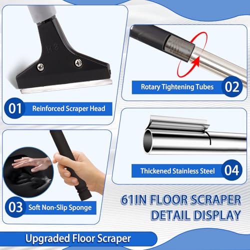 Frebuta Floor Scraper Heavy Duty Long Handle,61in 4"Razor Blade Floor Scraper Adjustable with 10PCS Extra Metal Blades Paint Scraper for Cleaning Stickers Gum Glass Wall Tile Linoleum Stove Top - Image 3