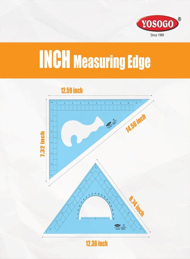 Yosogo Pack of 2 Large Transparent Triangle Ruler Set Square: 12 Inch- 30/60 Degree & 9 inch 45/90 Degree | Essential for School and Work use (Inch Scale) - Image 5
